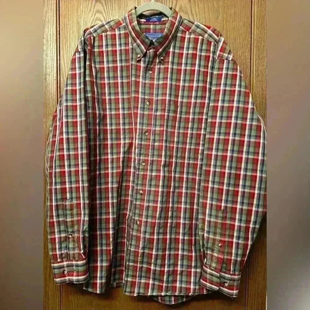 Men's PENDLETON Long Sleeve 100% Cotton Shirt Tan/Green/Red Plaid XL Long